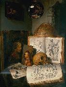 simon luttichuys Vanitas still life with skull, books, prints and paintings by Rembrandt and Jan Lievens, with a reflection of the painter at work painting